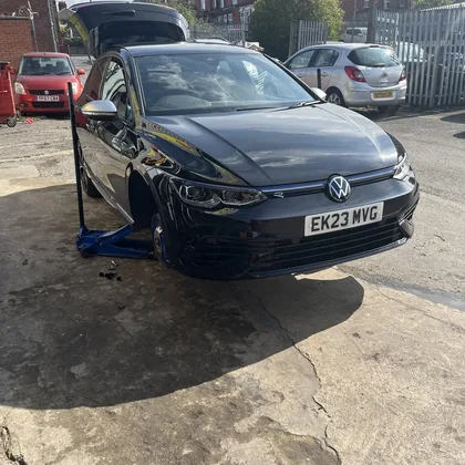 Car raised on a jack with the front wheel removed during a ResQ Tyres mobile tyre change in Leeds