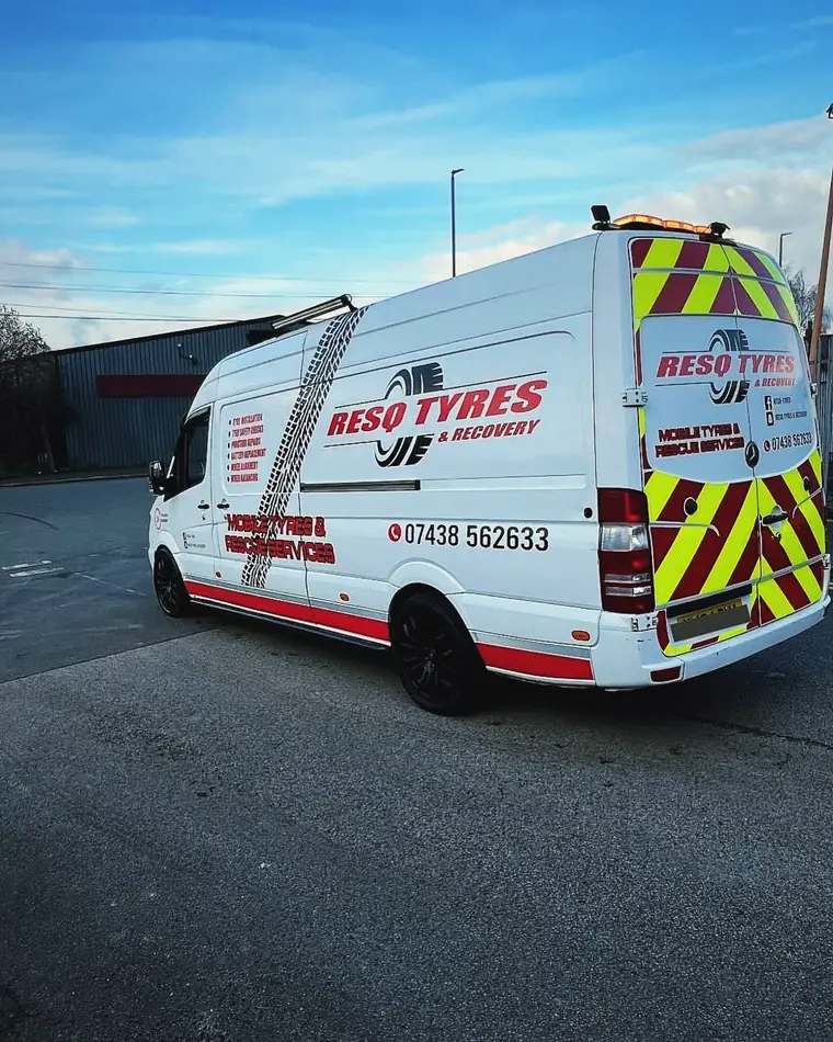 ResQ Tyres & Recovery Mercedes Sprinter van carrying new tyres and on-site balancing equipment